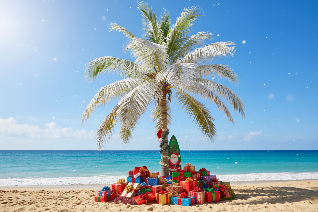 make a beach scene during christmas time that has a snowy palm tree with gifts underneath it